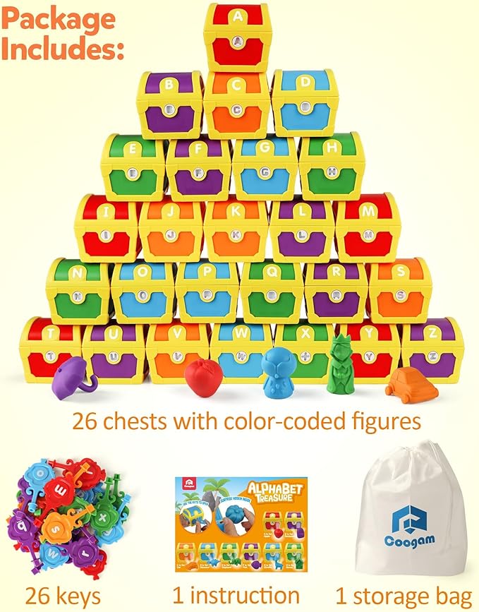 Coogam Alphabet Learning Toys for Toddlers, 26pcs Surprise Letters Treasure Locks with Keys, Uppercase Lowercase ABC Matching Color Sorting Game, Montessori Fine Motor Skill Gift for 3 4 5 Year Old