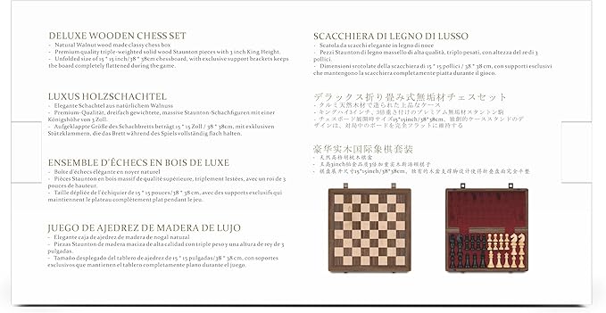 A&A 15" Magnetic Wooden Chess Set, Handmade 3" King Height Knight Staunton Chess Pieces with 2 Extra Queen, Folding Portable Travel Game Set