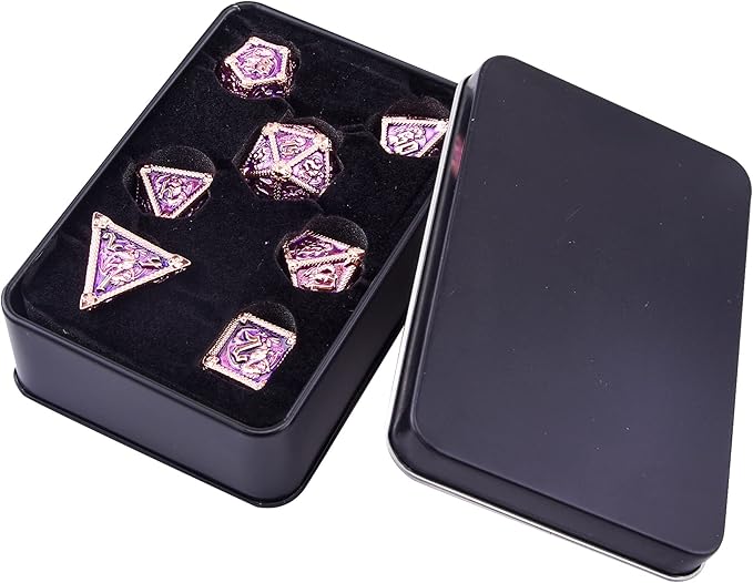 AUSTOR 7-Die Metal DND Dice Set Dungeons and Dragons Polyhedral Roll Playing Dice with Box D20 D12 D10 D% D8 D6 D4 for Pathfinder MTG RPG Board Games