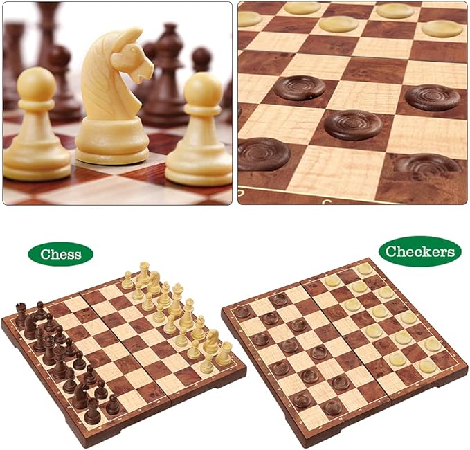 WEofferwhatYOUwant 2-in-1 Magnetic Travel Chess Set – Chess & Checkers Medium Size – Folding Wood Color Board – 12.4”