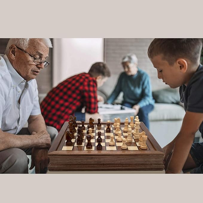 AMEROUS Magnetic Wooden Chess Set, 12.8" x 12.8" Walnut Chess Board Game with 2 Built-in Storage Drawers - 2 Bonus Extra Queens - Chess for Beginner, Kids and Adults, Gift Packaging