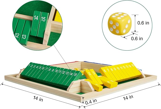 Upgrade Shut The Box Dice Game 1-4 Player, Wooden Board Table Math Games with 16 Dices, Classics Tabletop Version Games for Kids & Adults, Home, Classroom, Party or Pub (14 Inches)
