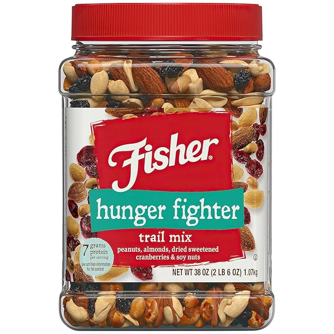 Fisher Snack Hunger Fighter Bulk Trail Mix, 38 oz (Pack of 1), Peanuts, Almonds, Dried Sweetened Cranberries and Soy Nuts, Snacks for Adults and Kids, Dried Fruit, Healthy Snacks for Adults