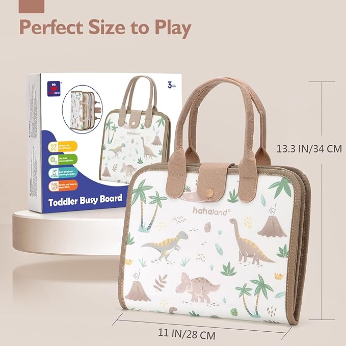 hahaland Montessori Busy Board for Toddlers 2-4 - 2 Year Old Boy Toys Birthday Gift - Travel Toys - Dinosaur, Alphabet, Number, Shape, Drawing, Life Skills