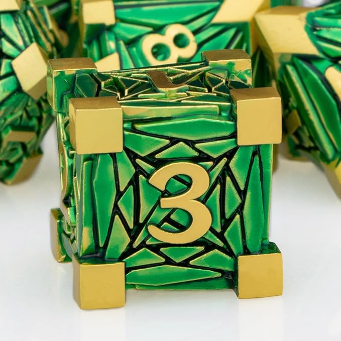 Metal DND Dice Set with Box, Debris RPG Green Golden D and D Dice for use with D&D Tabletop Games Role Playing Game Polyhedral Dice Set D20 D12 D10 D8 D6 D4