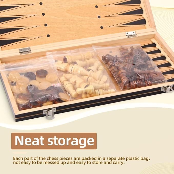 15.4" 3-in-1 Magnetic Chess, Checkers, and Backgammon Set - Extra Queens - Wooden portable and foldable Board game, Travel Game Set for Adults, Kids and Elder - Gift for parents and children