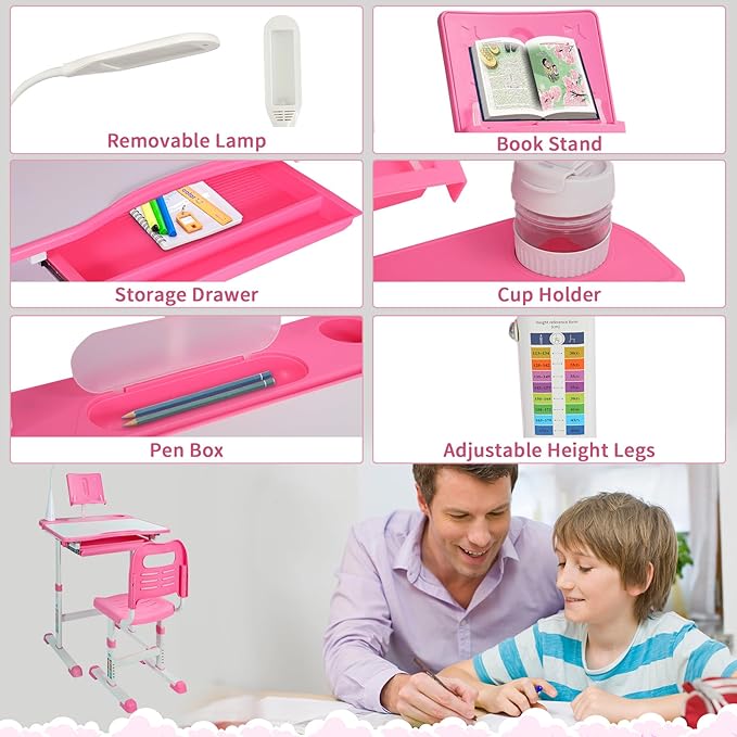Kids Desk and Chair Set,Height Adjustable Child's Study Table with Tilt Desktop,LED Light,Cup Holder,Bookstand and Storage Drawer,Pink