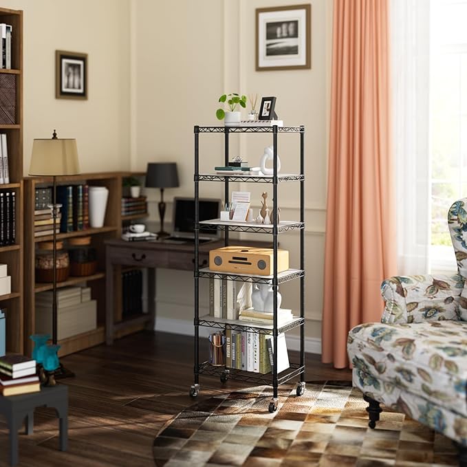 Small 6 Tier Shelves Storage Wire Shelving Unit Metal Shelf Adjustable Organizers Storage Shelving with Wheels for Bathroom Laundry Room Kitchen Pantry12”D x 18”W x 61.6”H Black