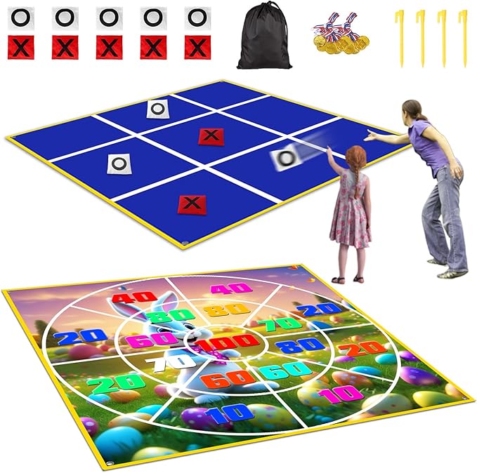 2-in-1 Outdoor Games Large Bunny Egg Bean Bag Toss & Giant Tic Tac Toe 4.5Ft, Double-Sided Lawn Yard Game for Kids Adults, Easter Party, Camping Backyard Carnival Field Day, Family Reunion Fun
