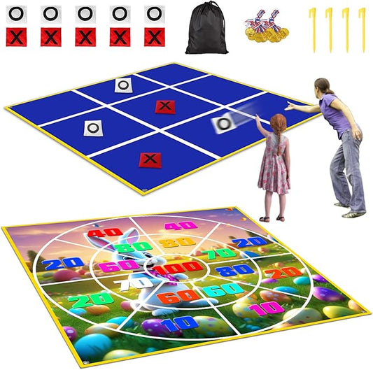 2-in-1 Outdoor Games Large Bunny Egg Bean Bag Toss & Giant Tic Tac Toe 4.5Ft, Double-Sided Lawn Yard Game for Kids Adults, Easter Party, Camping Backyard Carnival Field Day, Family Reunion Fun