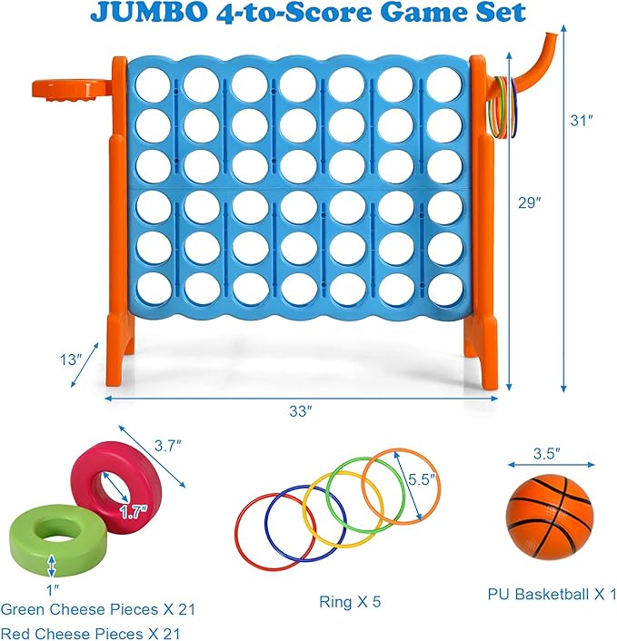 Giant 4 in a Row Connect Game, Jumbo 4 to Score Game Set w/ 42 Chess Rings, Basketball & Hoop, Toss Rings & Quick-Release Lever, Indoor & Outdoor Family Party Game for Kids & Adults