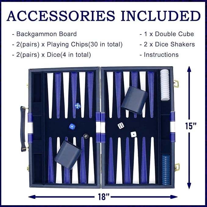 Backgammon Sets for Adults, 15 inch Backgammon Brown Sets Classic Board Game with Premium Leather Case, Portable Travels Strategy Backgammon Game Set for Adults, Kids (Blue)