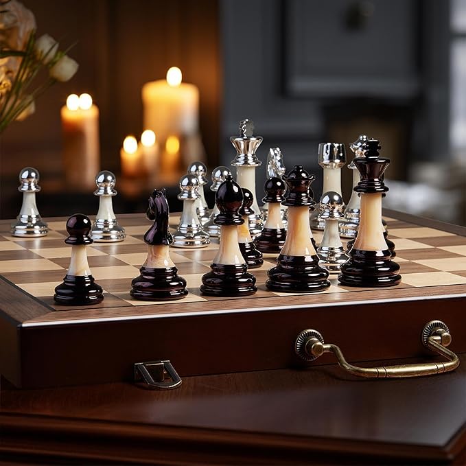 Deluxe Chess Set 16.5'' Wooden Large Folding Chess Board Game with Handle, Weighted Acrylic Chess Pieces - 3.5" King with Storage Slots for Beginners, Professional Players