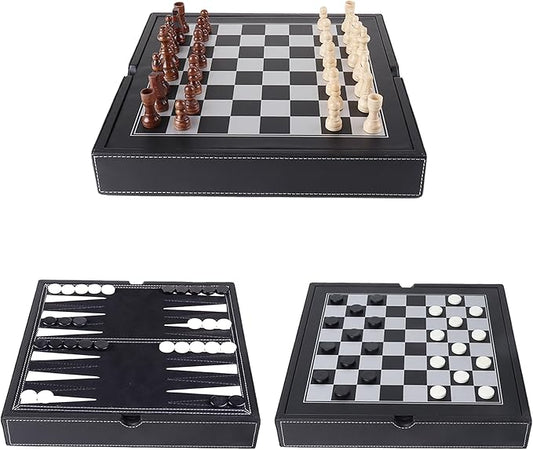 GSE Games & Sports Expert 12.5" Premium Leather 3-in-1 Chess, Checker and Backgammon Board Game Combo Set, Classic Board Strategy Game for Kids & Adults