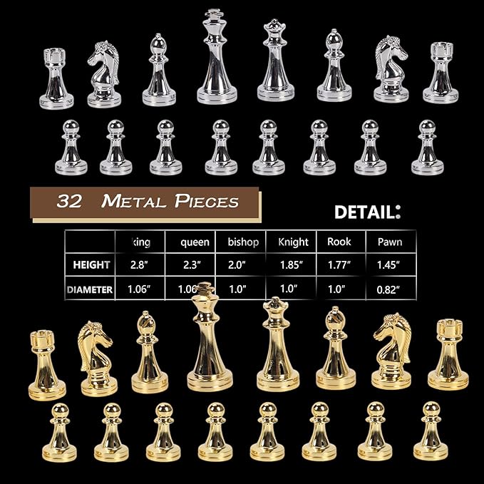 Metal Chess Set for Adults and Kids, 15''Large Marbling Chess Board with Storage –2 Extra Queens and 32 zinc Alloy Metal Pieces with a Sense of Weight,Folding Portable Travel Unique Chess Sets Game
