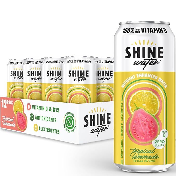 ShineWater Vitamin D Hydration Electrolyte Drink - Flavored water with electrolytes, Sugar-Free, Magnesium, Zinc, Vitamin B12, Plant-Based, Low Calorie - Tropical Lemonade Fruit Water 12 Pack
