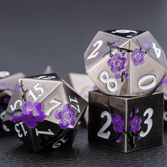 Black Metal DND Dice Set with Gift Case for Dungeons and Dragon, 7 PCS Solid Metal Dice for Tabletop Game(Antique Nickel-Purple)