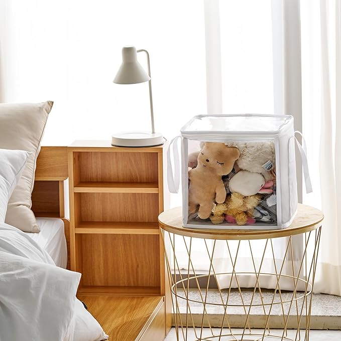 holay 2 Pack Storage Bins PVC Boxes with Transparent Lid & Handles - Durable & Foldable - Multi-Purpose Organizer for Clothes, Books, and More (White, Large)