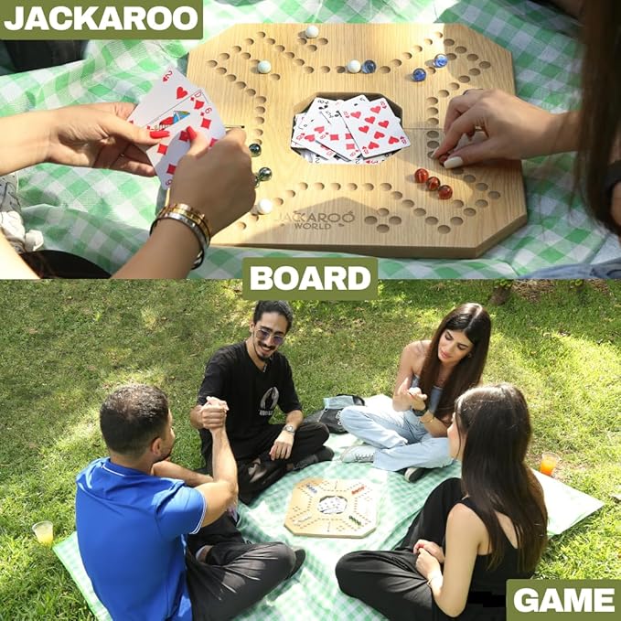 Jackaroo Board Game - 2-4 Player Marble Board Games - Marble Strategy Game - Carbles game with Cards - Marbles and Jokers Board Game Wooden Wahoo Game Board Foldable Dirty Marbles Strategy Games (Oak)