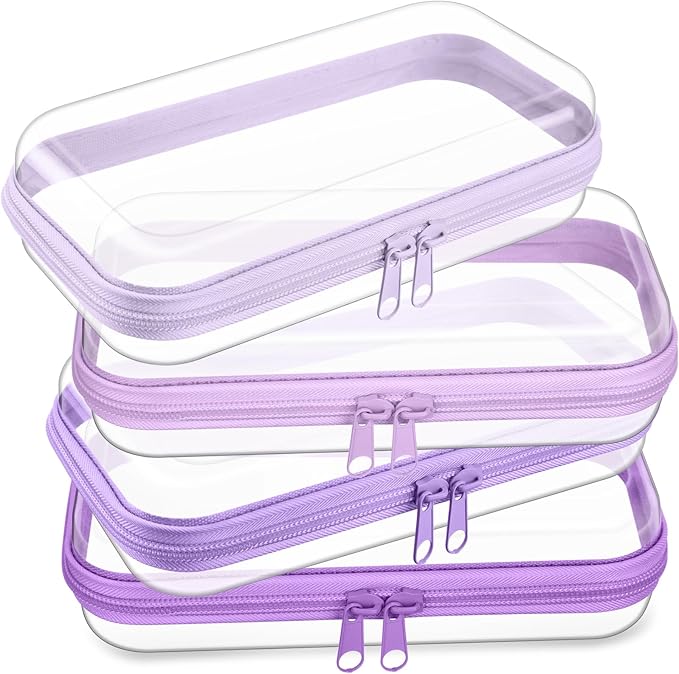 Hoolerry 4 Pcs Hard Clear Zipper Case Transparent Cases for Snacks Makeup Bag Plastic Storage Box Containers for Building Blocks, Puzzles, Cosmetics(Purple,7.5 x 3.9 x 2 in)