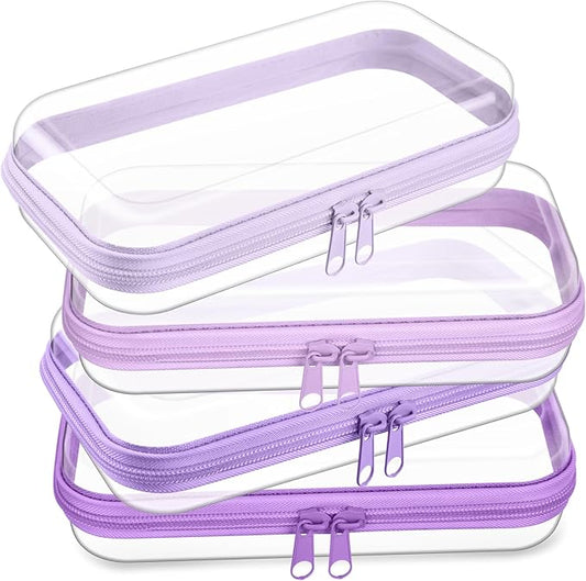 Hoolerry 4 Pcs Hard Clear Zipper Case Transparent Cases for Snacks Makeup Bag Plastic Storage Box Containers for Building Blocks, Puzzles, Cosmetics(Purple,7.5 x 3.9 x 2 in)