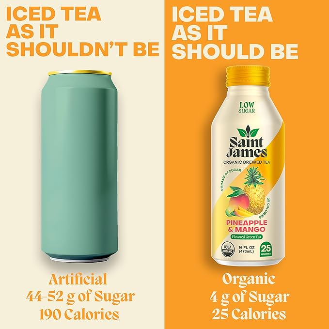 Saint James Iced Tea - Organic Green Tea - Non GMO, Gluten Free, Low Calorie & Low Sugar - Pineapple & Mango, 12 Pack (16 fl oz each)