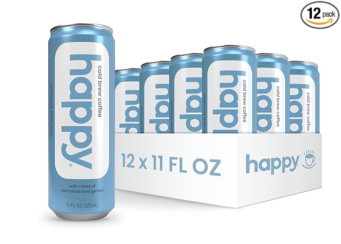 happy coffee cold brew, 11 oz. cans, 12 pack, notes of chocolate & genius, 100% arabica beans, no artificial flavors or sweeteners