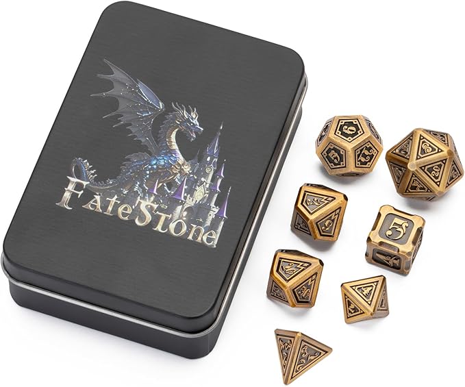 Retro Fantasy Metal Style 7pcs DND Dice Set with Beautiful Gift Box for Dungeons and Dragons MTR PRG Tabletop Games (Brass)