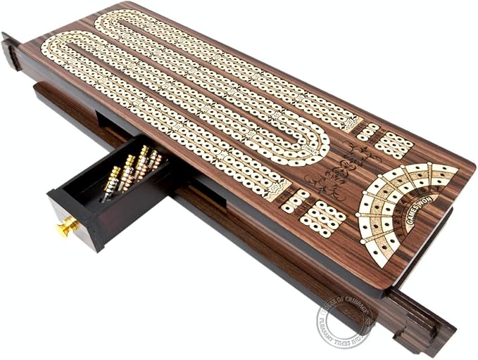 Continuous Cribbage Board/Box Inlaid in Rosewood/Maple - 3 Track - Sliding Lid with Score Marking Fields for Skunks, Corners and Won Games