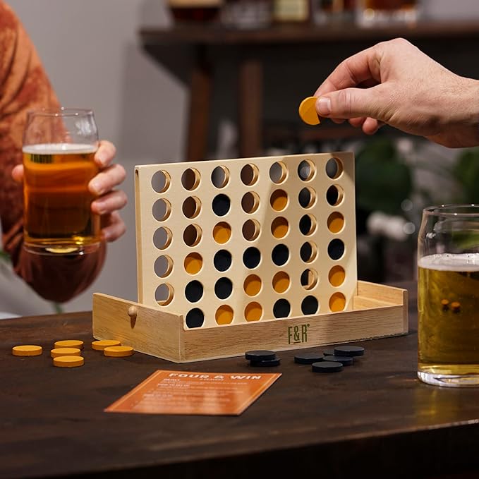 Foster & Rye Four and Win - Classic Board Game, Games for 2 Players Vintage Wood Design - Board Game Tabletop