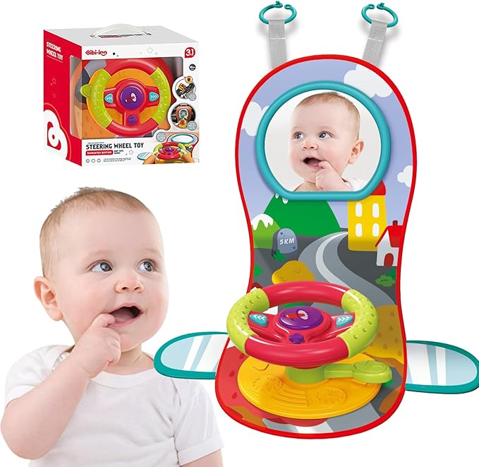 Happytime Travel Baby Toys, Interactive Dashboard Steering Wheel Pretend Play Driving Toy, Rear Car Seat Toys with Mirror 2-in-1 Baby Stroller Toy.