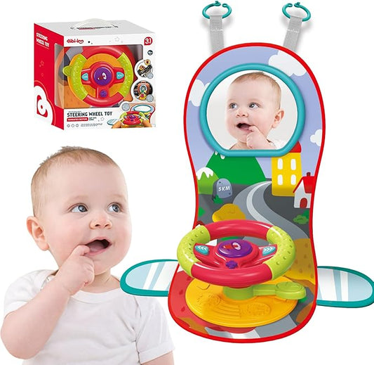 Happytime Travel Baby Toys, Interactive Dashboard Steering Wheel Pretend Play Driving Toy, Rear Car Seat Toys with Mirror 2-in-1 Baby Stroller Toy.