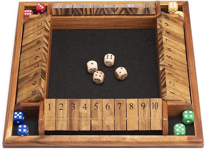 AMEROUS 1-4 Players Shut The Box Dice Game, Wooden Board Table Math Game with 12 Dice and Shut-The-Box Instructions for Kids Adults, Family Classroom Home or Pub (12 Inches)