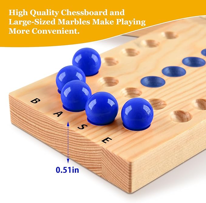 Deeper Holes & Larger Marbles Original Wooden Marble Board Game, Portable for 2-6 Players, Wahoo Game with 36 Marbles & 12 Dice for Family, Friends, Party, Travel, and Camping
