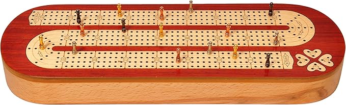 PALM ROYAL HANDICRAFTS 4 Track Wooden Cribbage Board Game Set Inlaid in Blood Wood and Maple Wood with pegs and Cards Storage Available. 4 Player Cribbage Board Game (15 x 5 Inches)