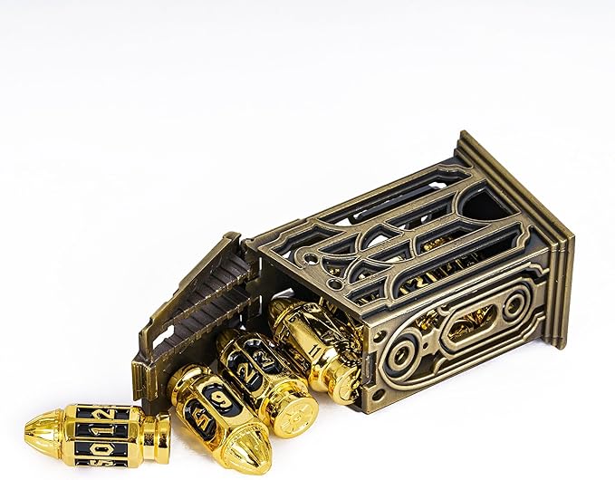 UDIXI Metal DND Dice Set with Unique Container, 7-Die Bullet RPG Dice Set for D&D, Role Playing Game or Other Tabletop Games（Golden Black）