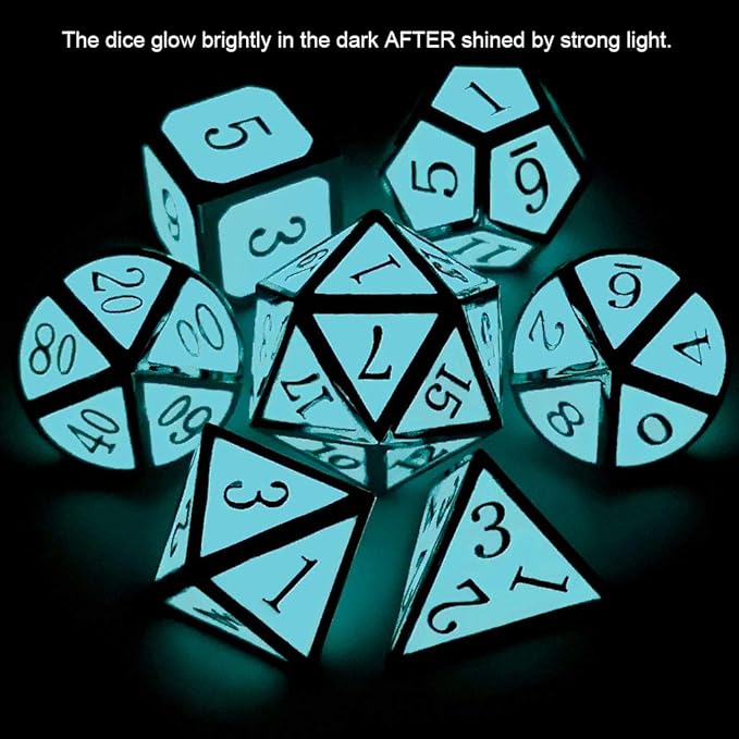 Haxtec Glow in The Dark Metal Dice Set D&D Glowing Blue Silver W/Dragon Dice Bag 7 Die D&D Dice Set for Dungeons and Dragons RPG