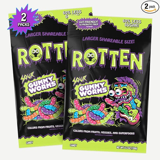 Rotten Sour Gummy Worms - Low Sugar, Low Calorie, 7g Gut-Friendly Prebiotic Fiber and 3g Protein, Gluten Free Candy - 5.3 oz Share Pack [2 Pack]