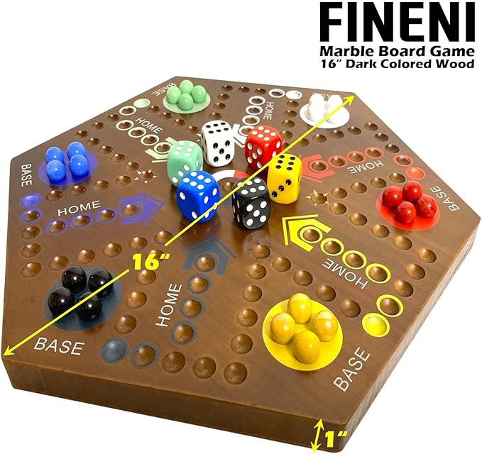 Wooden Board Games, Marble Board Game Original with Dual Sides Fast Track Board Game for 2 to 6 Players, Double Side Marble Game, 6 Colors 30 Marbles Set and 6 Color 6 Dice,Pouch (16" Dark)