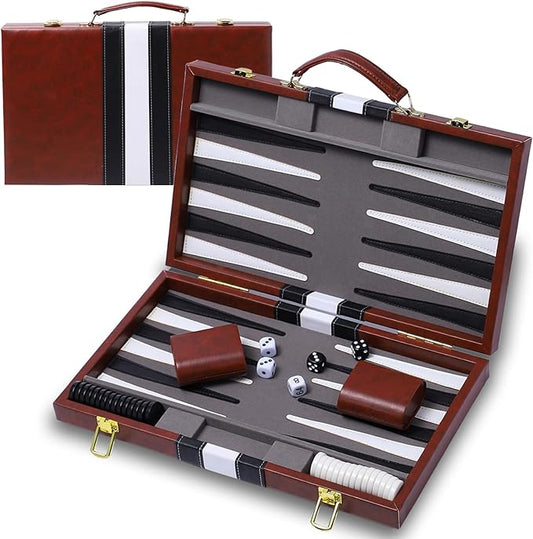 Backgammon Sets for Adults, 15 inch Backgammon Brown Sets Classic Board Game with Premium Leather Case, Portable Travels Strategy Backgammon Game Set for Adults, Kids (Brown)