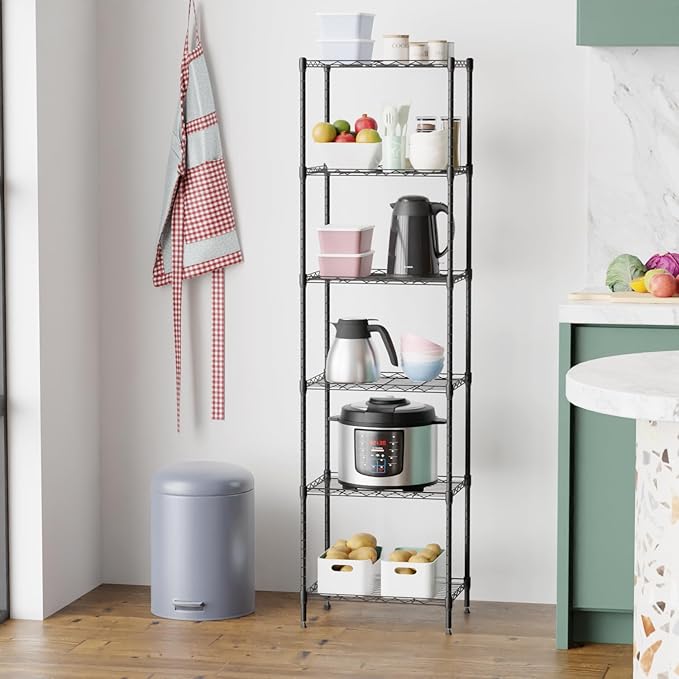 6 Tiers Wire Shelving 12" Dx17 Wx64 H Metal Frame Storage Shelves Easy Setup NSF Certified Storage Shelf Rack Shelf with Leveling Feet for Home Garage Kitchen Pantry, Black