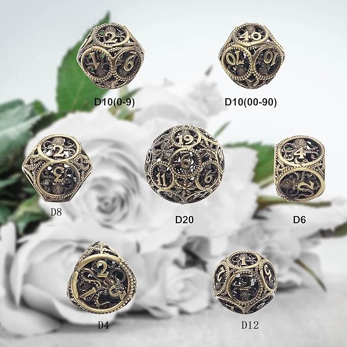 DND Dice,Hollow D&D Metal Dice,Unique Round Ball Design Octopus Dice with Gift Box for Dungeons & Dragon Gaming,7 PCs Steampunk Polyhedral D and D Dic (Ball Octopus Bronze)