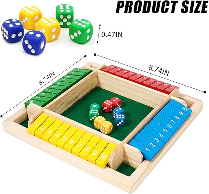 Winbar Shut The Box Dice Game, 2-4 Player Wooden Board Game with 8 dice Suitable for Gatherings classrooms Bars Math Games and Classic Tabletop Games with 8 dice