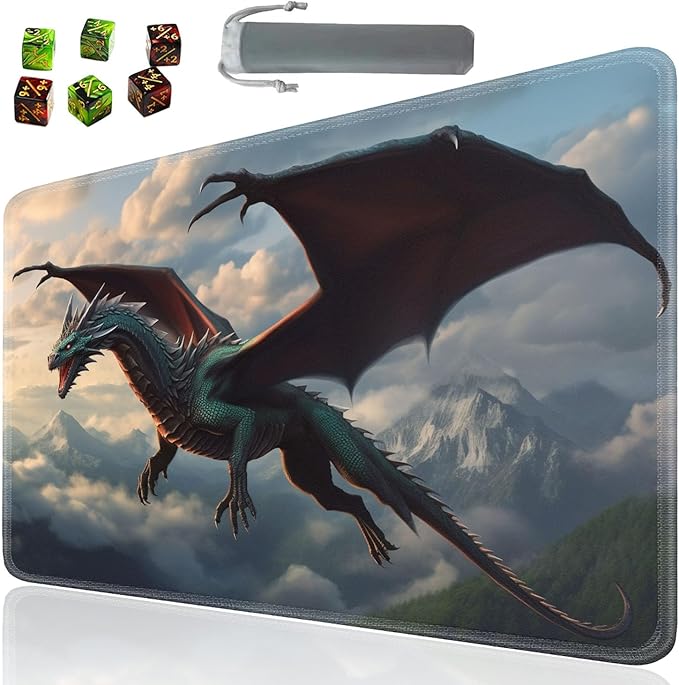 Board Game for TCG Playmat Table Mats Games Size 60X35 cm Mousepad Compatible for MTG RPG CCG Trading Card Game Play mats with 6 Dice (Playmat 132) Flying Dragon