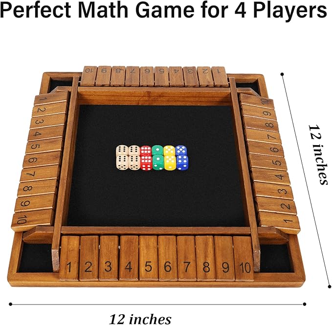 Vamslove 12 inches Shut The Box Dice Game Wooden Board Table Math Game with 8+4 Dice for 2-4 Player, 4 Sided 10 Numbers Close The Box for Kids Adults(Instructions Included)