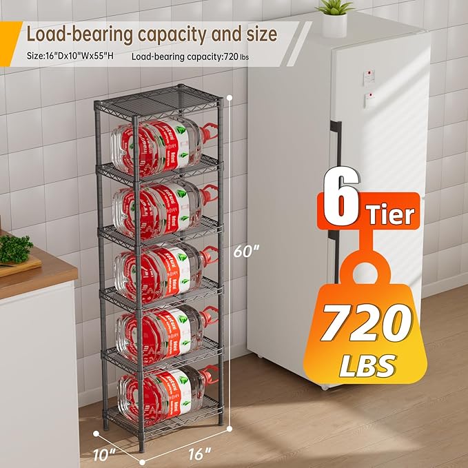 6 Tier Adjustable Storage Shelves Narrow Mesh Gaps Metal Utility Shelf Wire Shelving Unit Organizer Rack for Home Kitchen Office Bathroom Pantry Room10 D x 16" W x 60" H Black