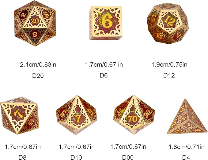 Cusdie 7-Piece Metal Frame Sharp Edges DND Dice Set with Metal Frame- Perfect for Tabletop RPGs Board Games Gifting and Collecting(Red and Yellow)