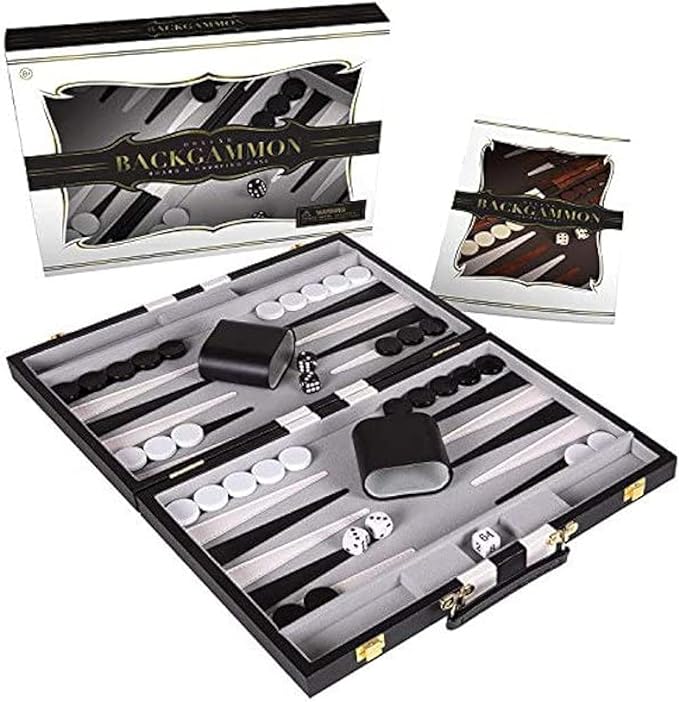 Backgammon Set 18 inch, Large - Classic Board Game for Adults and Kids with Premium Leather Case - Includes Strategy & Tip Guide (Black)