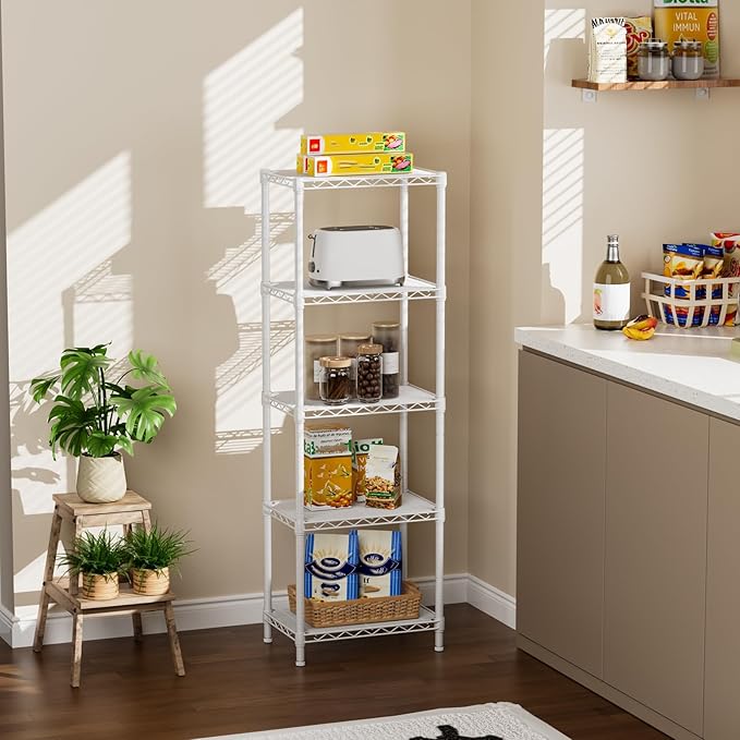 Small 5 tire Shelves Storage Wire Shelving Unit Metal Shelf Adjustable Organizers Storage Shelving for Bathroom Laundry Room Kitchen Pantry10”D x 16”W x 55”H White