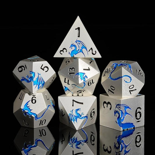 Metal DND Dice, HNCCESG Dragon Metallic D&D Dice Set 7 PCS for Dungeons and Dragon TTRPG Games, Polyhedral RPG Dice Set with Gift Box(Matte Silver Blue)